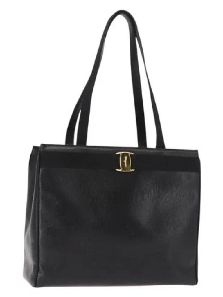 Salvatore Ferragamo Vala Embossing Tote Bag Leather Black Gold Auth Ba7328